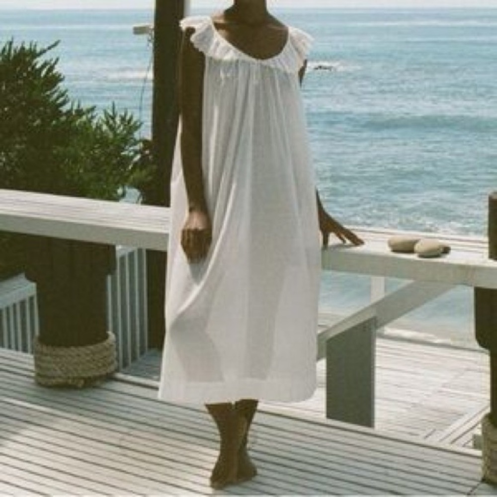 Doen Jettie Cotton Voile Ruffle Eyelet V Neck Midi Maxi Nightgown Dress Salt. M